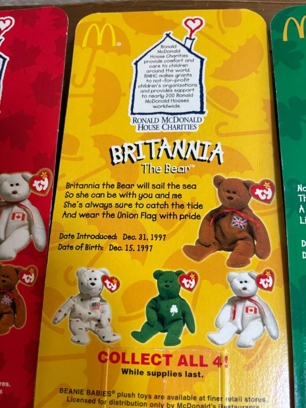1999 Ty Teenie Beanie Babies McDonald’s International Bears Set – Set of 4 NIP